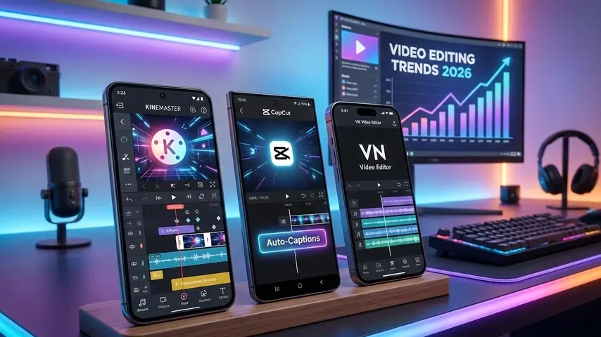 Kinemaster Video Editing in 2026: Is the "Pro Mod APK" Era Over? 3 Side-by-side interface comparison of Kinemaster video editing app, CapCut, and VN Video Editor running on smartphones in 2026.