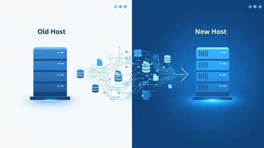 Best Database WordPress Setup — Step-by-Step Guide to Optimize, Migrate & Manage Like a Pro 3 Migrate database WordPress process illustrated with data transfer between old and new hosting servers