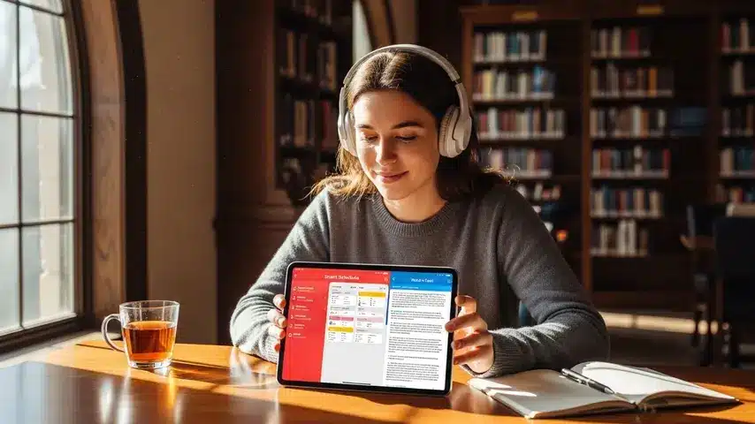 10 Best AI Tools for Students (2026 Free & Paid Guide) 3 A relaxed student in a library using a tablet to access the best ai tools for student organization.