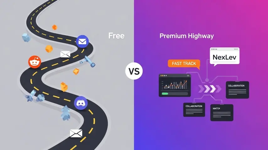 Verified & 100% Working — NexLev Coupon Code 2026: Get 20% OFF 4 NexLev free alternative comparison showing free outreach path versus premium NexLev coupon code collaboration highway