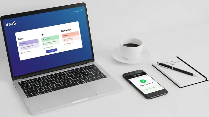 Verified & 100% Working — NexLev Coupon Code 2026: Get 20% OFF 2 NexLev pricing plans displayed on a laptop screen with payment confirmation on smartphone in a modern workspace