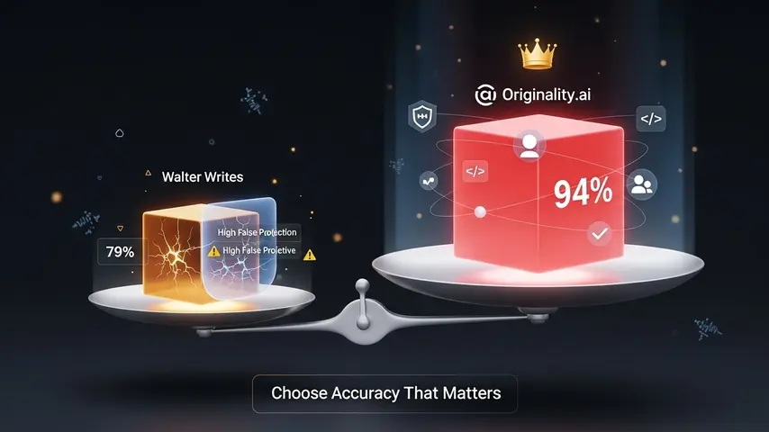 Walter Writes AI Detector — Honest Review & Better Alternatives in 2026 4 Phrasly AI detector and Walter Writes compared against Originality.ai on a balance scale showing 79% accuracy cube versus 94% accuracy cube with feature icons and decisive tilt toward higher accuracy