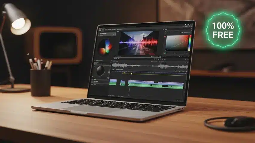 Top 5 Video Editing Programs Free (No Watermark) for 2026 2 Professional laptop displays the DaVinci Resolve software interface with a free badge, a prime illustration for high-quality video editing programs free.