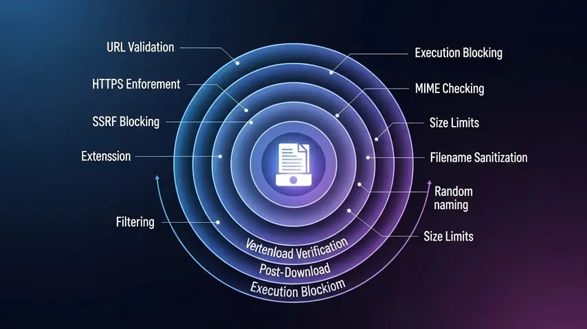Remote File Upload PHP Script — Build a Secure URL Uploader Step by Step 2 Ten security layers protecting remote upload PHP script shown as concentric shield rings around a file icon including SSRF prevention and MIME validation
