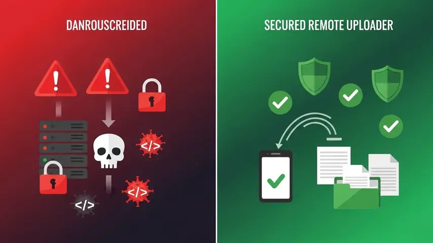 Remote File Upload PHP Script — Build a Secure URL Uploader Step by Step 4 Remote uploader security comparison showing unsecured dangerous file upload versus properly protected remote file upload PHP script with shields and verification
