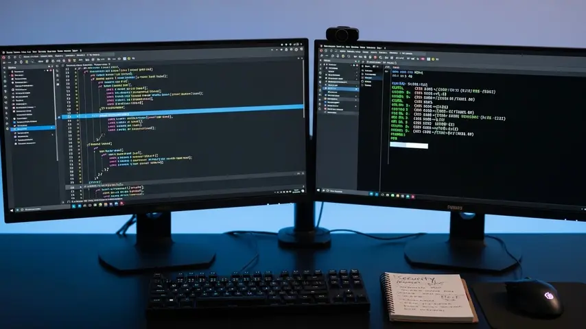 Remote File Upload PHP Script — Build a Secure URL Uploader Step by Step 3 Developer building a remote URL upload PHP script with PHP code on one monitor and cURL terminal commands on the other in a dark-themed workspace