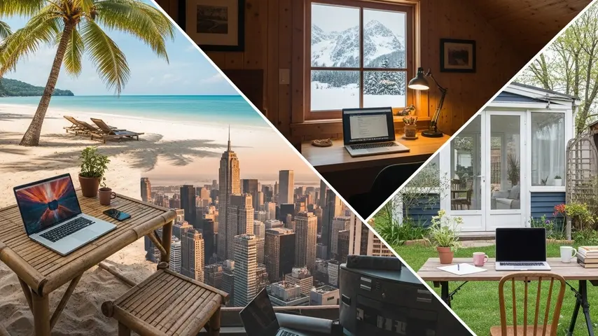 Top 10 Best Jobs for Remote Work — Honest Guide to Finding Real Opportunities 4 Remote work from anywhere illustrated with four different global work locations including beach, mountain cabin, city apartment, and countryside garden