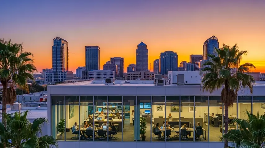 Top 10 Best Jobs for Remote Work — Honest Guide to Finding Real Opportunities 3 Remote work Orlando skyline at sunset with modern coworking space and professionals working on laptops in the foreground