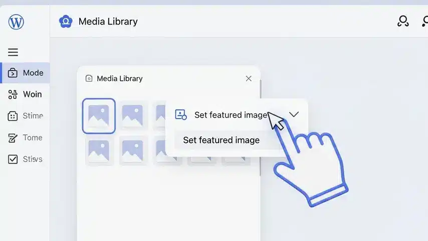 A 3D render visualization of the WordPress Gutenberg sidebar, showing a cursor clicking on the 'Set featured image' panel to upload a thumbnail