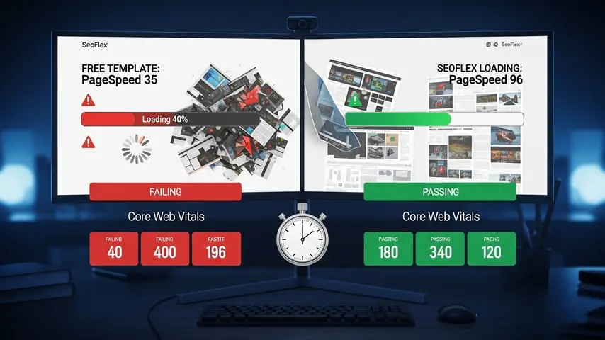 Template Blogspot SEO Friendly — SeoFlex Review: Built for Rankings & Speed 3 Template blogger blogspot speed comparison showing slow free template PageSpeed 35 versus fast SeoFlex PageSpeed 96 with Core Web Vitals metrics on split screen monitor