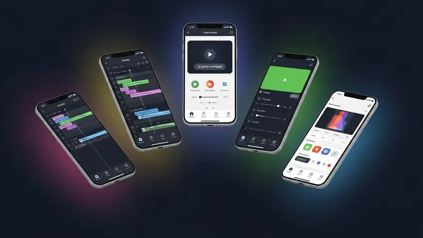 Best Editing Video App for iPhone 2026 — 7 Apps Tested on Real Projects 2 Top 5 editing app interfaces displayed on five iPhone screens showing timeline, AI captions, green screen, and social media editing tools
