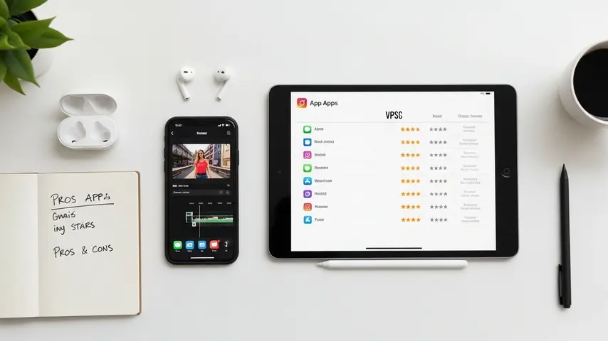 Best Editing Video App for iPhone 2026 — 7 Apps Tested on Real Projects 3 Top editing app comparison chart displayed on tablet next to iPhone showing video editing interface with notes and accessories on white desk