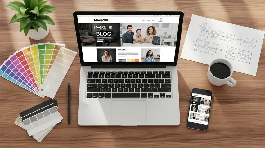 Top Magazine Blogger Template 2026 — Spotlight Review (6 Variants Tested) 4 Premium top magazine blogger template Spotlight displayed on laptop and smartphone in a creative workspace with design tools