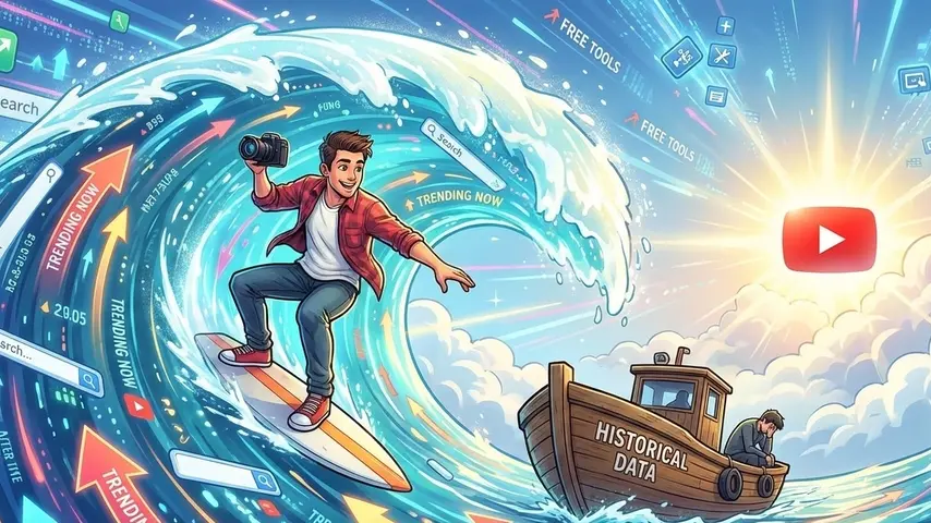 VidIQ Free Alternative: 7 Best Zero-Cost YouTube SEO Tools (2026 Edition) 3 Illustration of a YouTuber surfing a wave of real-time trending data points, symbolizing the success of using real-time free tools like Google Trends over historical data for growth.