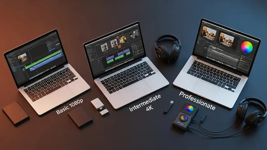 Video Editing Software for PC Free — 7 Editors Tested on Real Projects 3 Video editing best laptop comparison showing three laptops for basic 1080p, intermediate 4K, and professional editing tiers with accessories on a dark matte surface