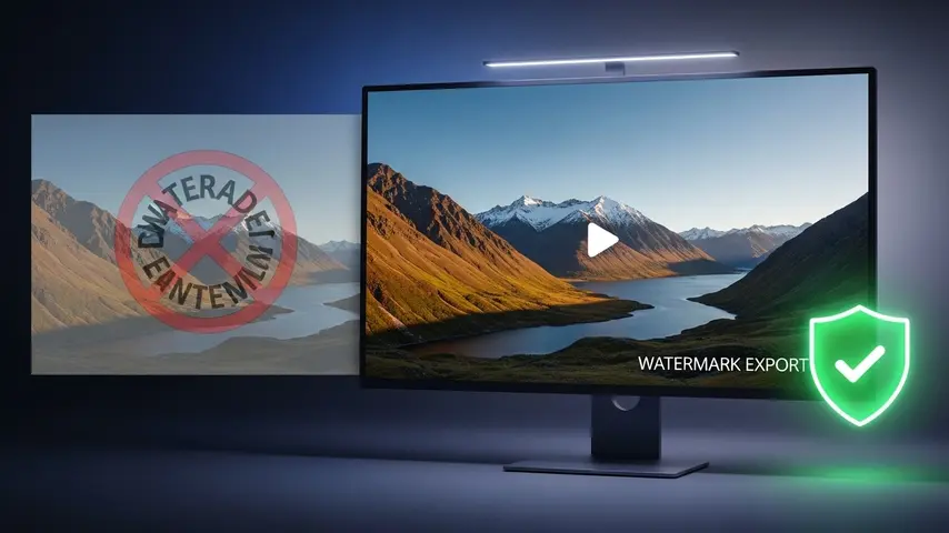 Video Editing Software for PC Free — 7 Editors Tested on Real Projects 4 Video editing no watermark confirmation showing clean watermark-free video export on monitor with green shield checkmark versus crossed-out watermarked version comparison
