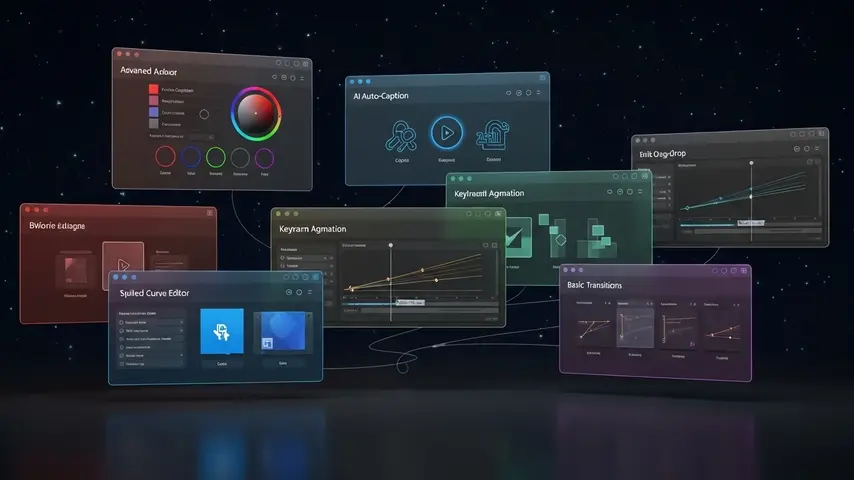 Video Editing Software for PC Free — 7 Editors Tested on Real Projects 2 Seven best video editing Windows software interfaces floating as transparent windows showing timeline, color grading, AI captions, keyframes, and speed curves with unique accent glows