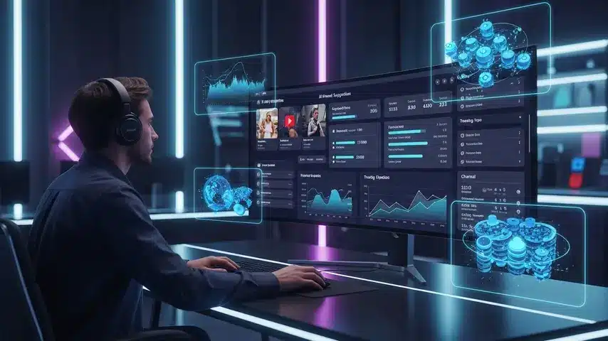 VidIQ vs TubeBuddy 2026 — Honest Comparison After Using Both for 2 Years 4 VidIQ AI-powered features showing keyword predictions and video suggestions on a futuristic content creator workspace