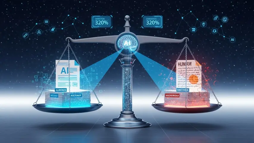 Best AI Detectors in 2026 — 8 Tools Tested With Real Content 4 What is the best AI detection visualized as a digital scale of justice weighing AI-generated content against human-written documents with holographic confidence scores and scanning AI brain