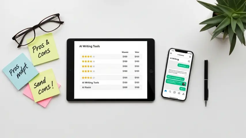 7 Best AI Tools for Writing in 2026 — Tested, Compared & Honestly Reviewed 4 What is the best AI tools comparison chart displayed on tablet with pricing and ratings for top AI writing platforms