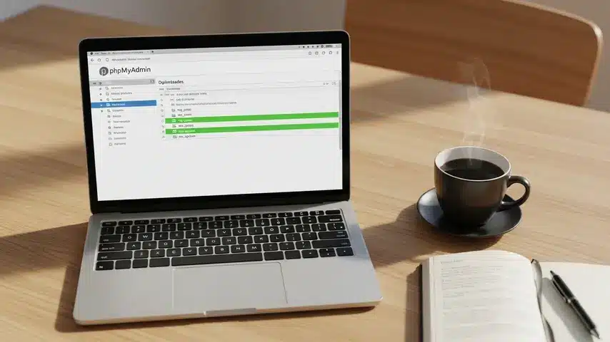 Best Database WordPress Setup — Step-by-Step Guide to Optimize, Migrate & Manage Like a Pro 2 WordPress database optimization process shown through phpMyAdmin interface on a laptop screen
