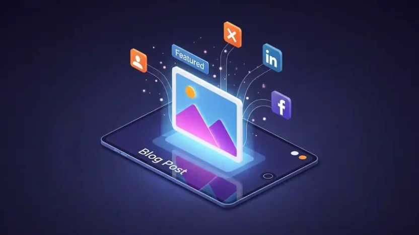 A stylized digital illustration showing a WordPress post interface on a tablet with a glowing, artistic featured image floating above it, connected to social media sharing icons