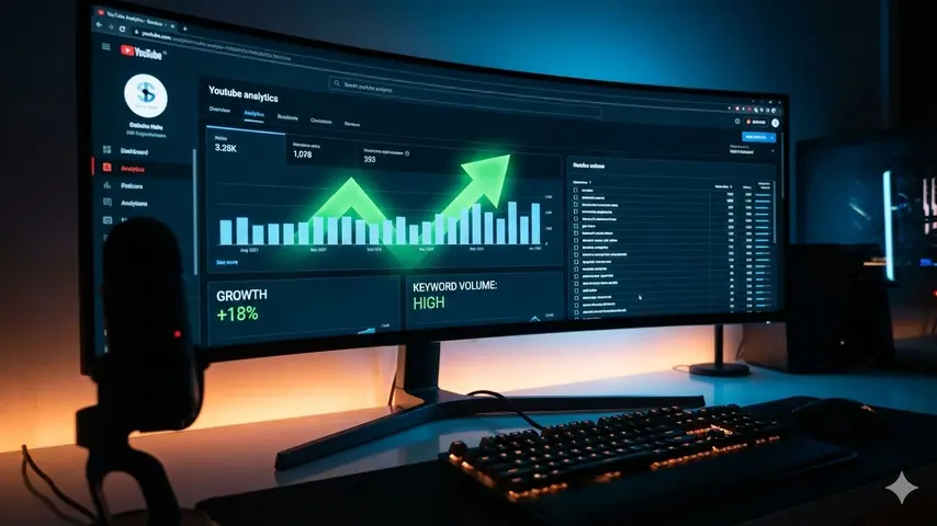 VidIQ Promo Code 2026: Get Up to 90% Off Boost & Pro Plans 2 Professional content creator workspace with a monitor displaying advanced YouTube SEO analytics and keyword data similar to VidIQ Boost features.