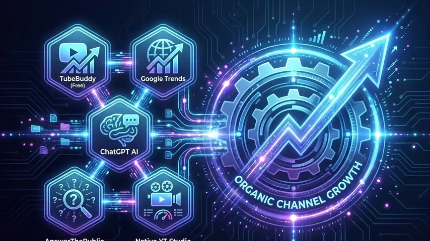 VidIQ Free Alternative: 7 Best Zero-Cost YouTube SEO Tools (2026 Edition) 2 A digital diagram showing interconnected free YouTube SEO tools like TubeBuddy and Google Trends stacking together to power organic channel growth as a VidIQ free alternative.