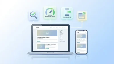 Blogger template SEO friendly displayed on laptop and mobile showing responsive design with optimization icons