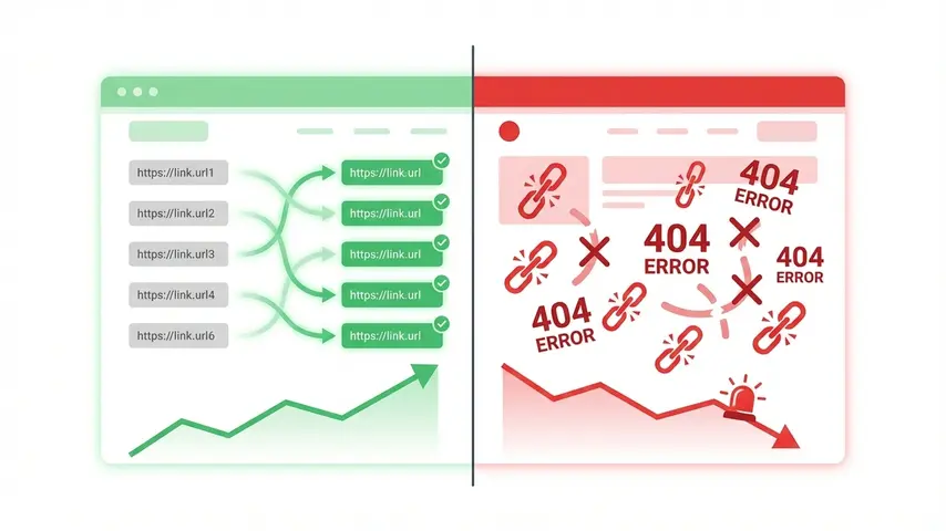 Import Post Joomla to WordPress – Step-by-Step Guide 3 Joomla migration redirect comparison showing proper 301 redirects preserving SEO versus broken links losing traffic