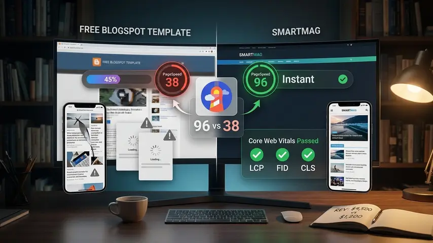 News Blogspot Template — SmartMag Review: The Complete Publishing Solution 4 Magazine blogger template performance comparison showing slow free template PageSpeed 38 versus fast SmartMag PageSpeed 96 with Core Web Vitals and Google Lighthouse scores on ultrawide monitor in publisher workspace