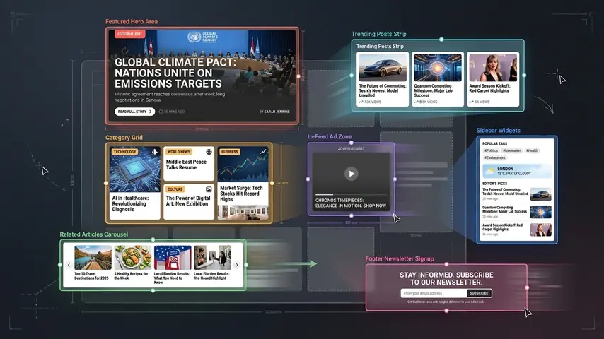 News Blogspot Template — SmartMag Review: The Complete Publishing Solution 3 Magazine layout examples showing SmartMag's 7+ drag-and-drop content blocks being assembled on a news magazine homepage grid with featured posts, trending sections, and ad zones in a wireframe-to-reality illustration