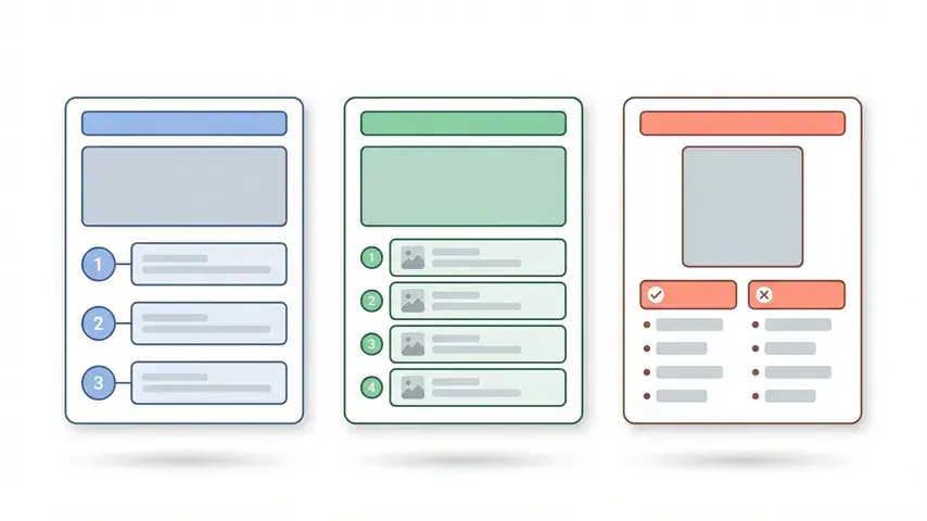 Sample of a Blog Post – Structure, Themes & Best Practices 2 Three sample blog website post formats showing how-to listicle and review structures side by side