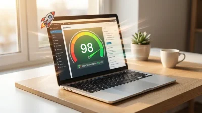 Speed up WordPress performance visualization showing high PageSpeed score on laptop with acceleration motion effects on a clean workspace