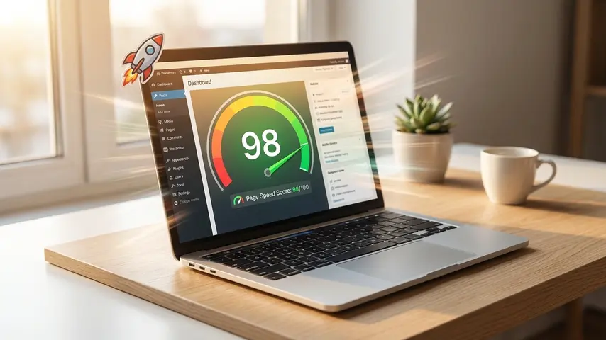 Speed up WordPress performance visualization showing high PageSpeed score on laptop with acceleration motion effects on a clean workspace