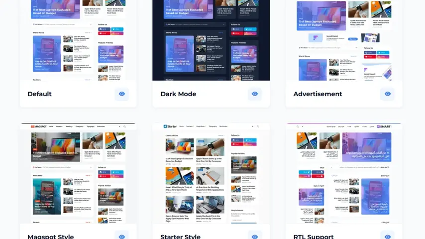 News Blogspot Template — SmartMag Review: The Complete Publishing Solution 2 Six variants of template blogger blogspot SmartMag including default, dark mode, advertisement, magspot style, starter style, and RTL support displayed as floating browser windows with unique accent colors
