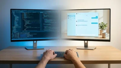 Vibe coding meaning visualized through contrast between traditional code syntax and natural language AI-powered development on a modern desk