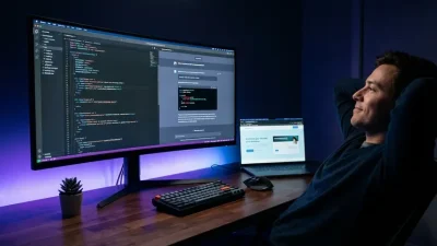 Developer using vibe coding tools with AI assistant generating code automatically on ultrawide monitor in a modern workspace