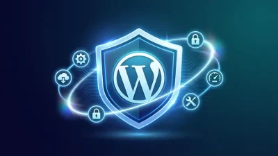 WordPress maintenance services showing security shield with update backup and performance optimization icons