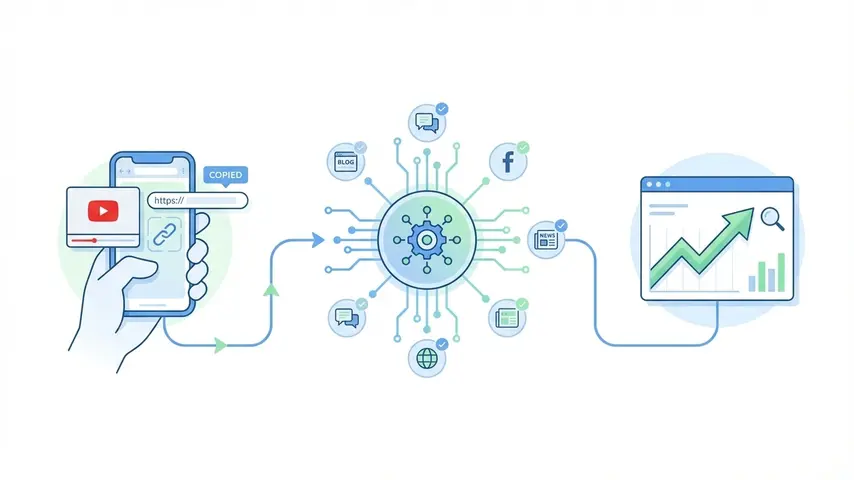 Free YouTube Backlink Generator 2026 – Boost Rankings Fast 2 Step-by-step process showing how a YouTube backlink generator boosts video rankings through automated link building