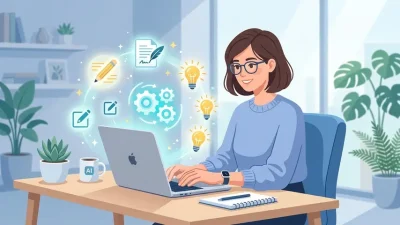 Person using AI writing tools on a laptop with glowing interface elements