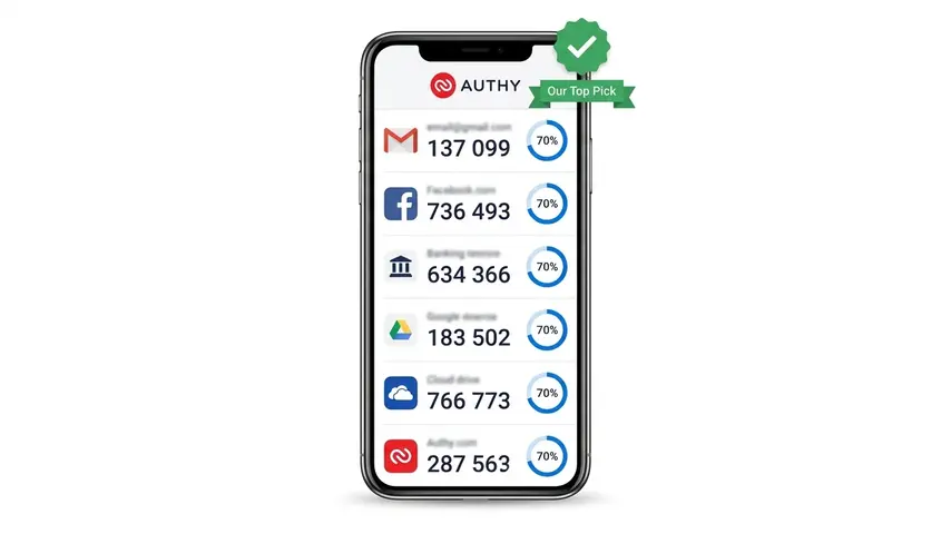Best Authenticator Apps 2026 — Top 6 Reviewed (Free & Paid) 2 Best 2FA app Authy interface showing multi-account TOTP code display with countdown timers and top pick recommendation badge