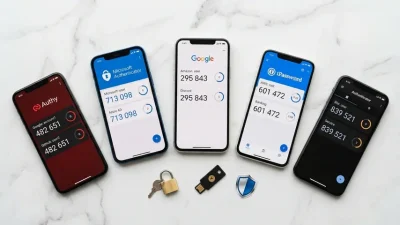 Best authenticator apps comparison showing five smartphones displaying Authy, Microsoft Authenticator, Google Authenticator, 1Password and other top 2FA apps with TOTP codes