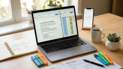 Content writing services professional workspace showing structured article drafting on laptop with content calendar, style guide, and analytics showing organic traffic growth