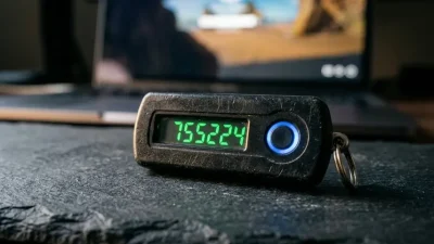 HOTP hardware token displaying six-digit one-time password on LED screen representing OATH HOTP counter-based authentication for enterprise security