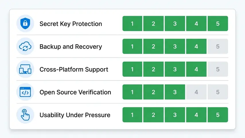 Best TOTP Application 2026 — Top 6 TOTP Apps Reviewed & Compared 2 TOTP app evaluation criteria scorecard showing five key factors including secret key protection, cross-platform support, and open source verification ratings