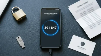 TOTP application security workspace showing smartphone authenticator app with six-digit code countdown timer alongside physical security key and backup codes